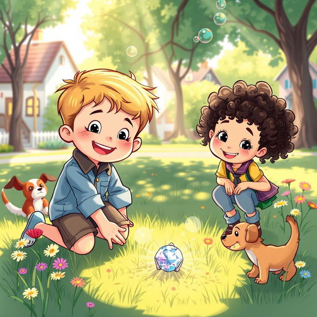 A whimsical and vibrant illustration of a young boy named Buster, with sparkling eyes and a bright smile, kneeling on the ground in a sunlit park