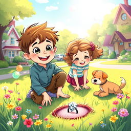 A whimsical and vibrant illustration of a young boy named Buster, with sparkling eyes and a bright smile, kneeling on the ground in a sunlit park