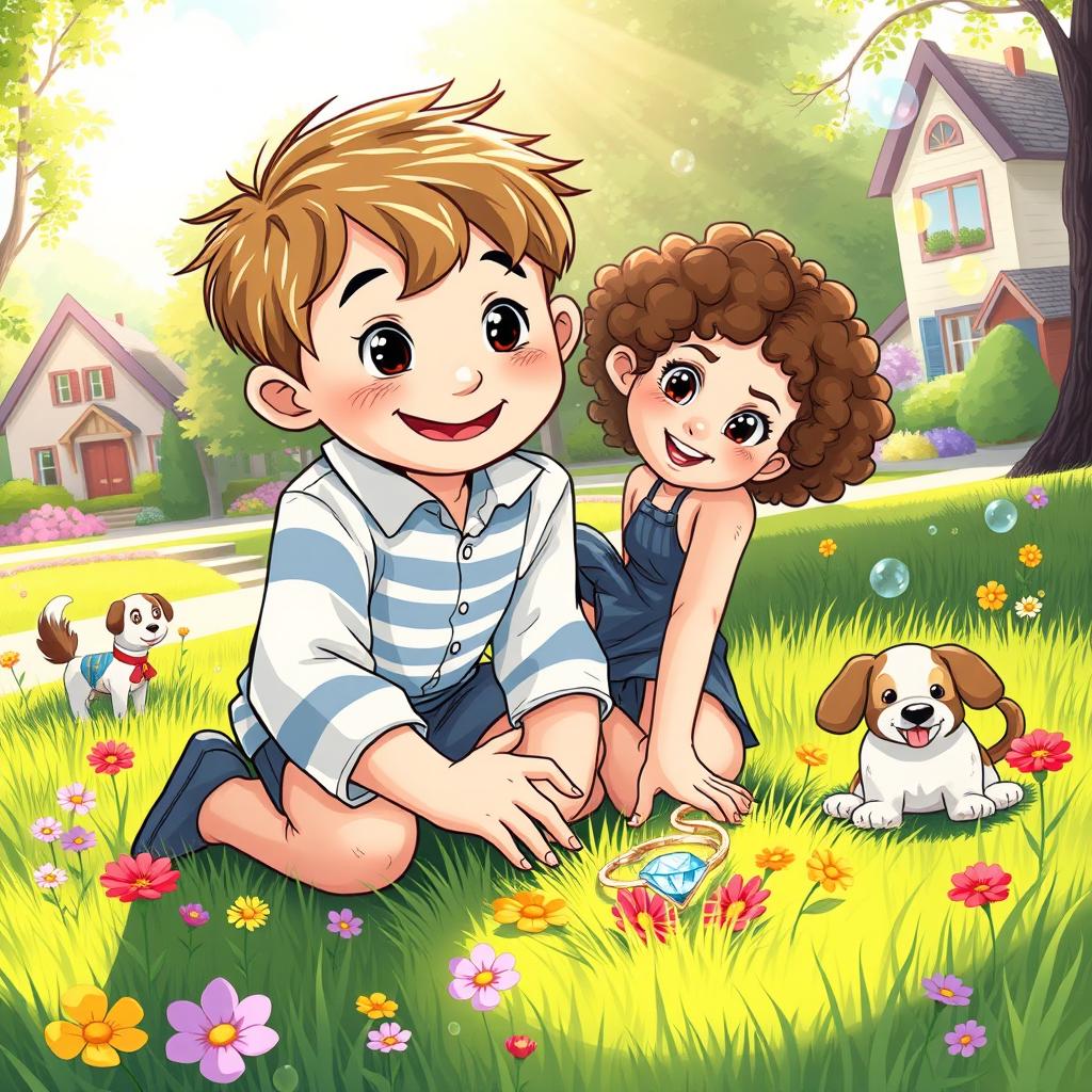 A whimsical and vibrant illustration of a young boy named Buster, with sparkling eyes and a bright smile, kneeling on the ground in a sunlit park