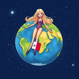 A playful illustration of Planet Earth represented as a Barbie doll, floating in space against a backdrop of stars