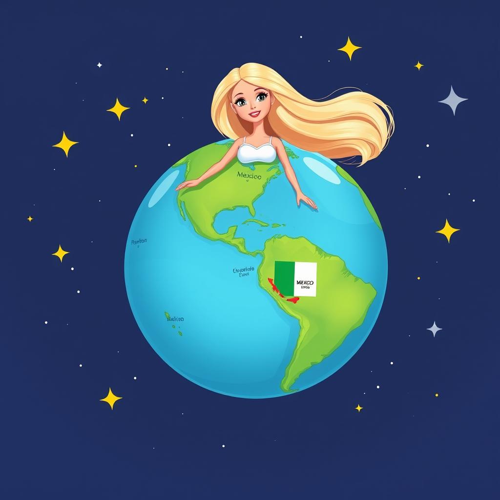 A playful illustration of Planet Earth represented as a Barbie doll, floating in space against a backdrop of stars