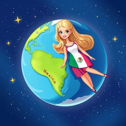 A playful illustration of Planet Earth represented as a Barbie doll, floating in space against a backdrop of stars