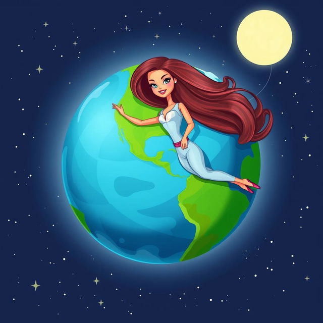 A charming illustration of Planet Earth designed as a Barbie doll, floating gracefully in space