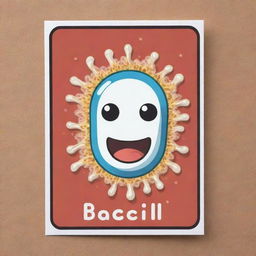 Design a cute, rod-shaped 'Bacillary Burst' card, an 'upcell' type. Illustrate the card as an endearing cartoon cell discharging a powerful energy burst, symbolizing a bacilli bacteria, emphasizing the sacrifice and destruction of an opponent's card.