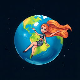 A charming illustration of Planet Earth designed as a Barbie doll, floating gracefully in space