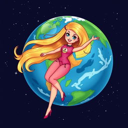 A charming illustration of Planet Earth designed as a Barbie doll, floating gracefully in space