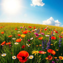 A vibrant sunny meadow filled with a colorful array of wildflowers including poppies, daisies, and bluebells