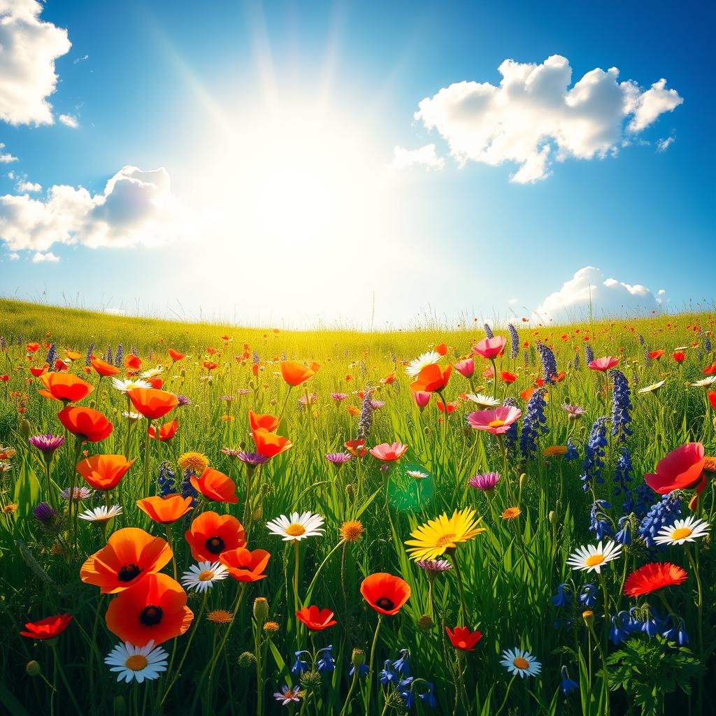 A vibrant sunny meadow filled with a colorful array of wildflowers including poppies, daisies, and bluebells