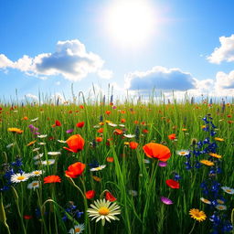 A vibrant sunny meadow filled with a colorful array of wildflowers including poppies, daisies, and bluebells