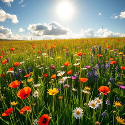 A vibrant sunny meadow filled with a colorful array of wildflowers including poppies, daisies, and bluebells