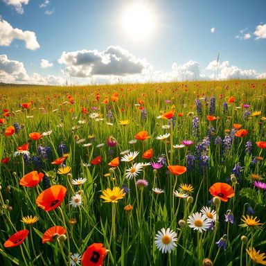 A vibrant sunny meadow filled with a colorful array of wildflowers including poppies, daisies, and bluebells
