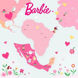 A beautifully stylized world map inspired by Barbie aesthetics, featuring playful colors and charming illustrations