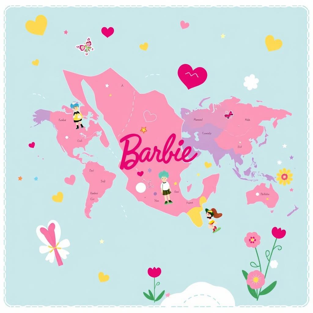 A beautifully stylized world map inspired by Barbie aesthetics, featuring playful colors and charming illustrations