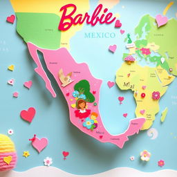 A beautifully stylized world map inspired by Barbie aesthetics, featuring playful colors and charming illustrations