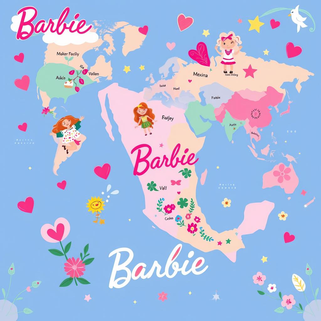 A beautifully stylized world map inspired by Barbie aesthetics, featuring playful colors and charming illustrations