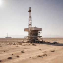 A riveting desertpunk oil rig, designed with sun-bleached bones, sunshade tarps, and wind-powered turbines, positioned in a vast, barren desert landscape under an unforgiving, relentless sun.