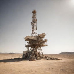 A riveting desertpunk oil rig, designed with sun-bleached bones, sunshade tarps, and wind-powered turbines, positioned in a vast, barren desert landscape under an unforgiving, relentless sun.