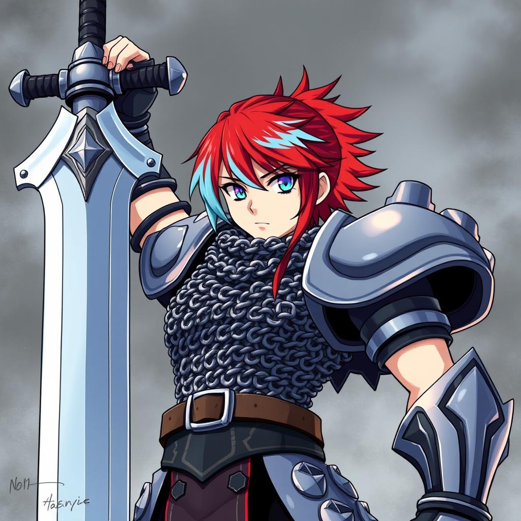 A striking androgynous fighter stands confidently with their enormous buster sword raised high