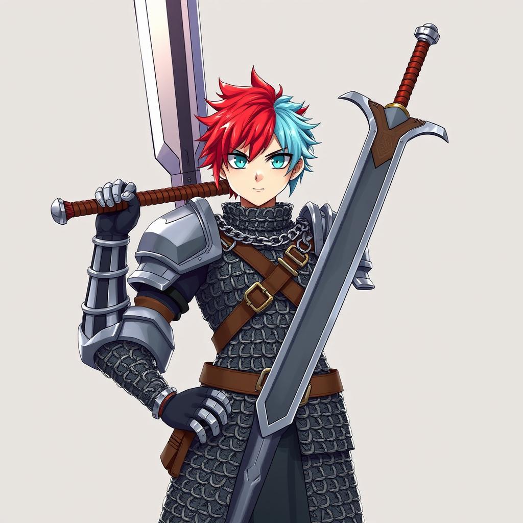 A striking androgynous fighter stands confidently with their enormous buster sword raised high