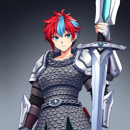 A striking androgynous fighter stands confidently with their enormous buster sword raised high