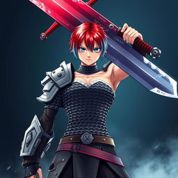 A striking androgynous human fighter stands fiercely with their colossal buster sword raised overhead