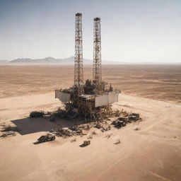 A riveting desertpunk oil rig, designed with sun-bleached bones, sunshade tarps, and wind-powered turbines, positioned in a vast, barren desert landscape under an unforgiving, relentless sun.