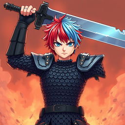 A striking androgynous human fighter stands fiercely with their colossal buster sword raised overhead