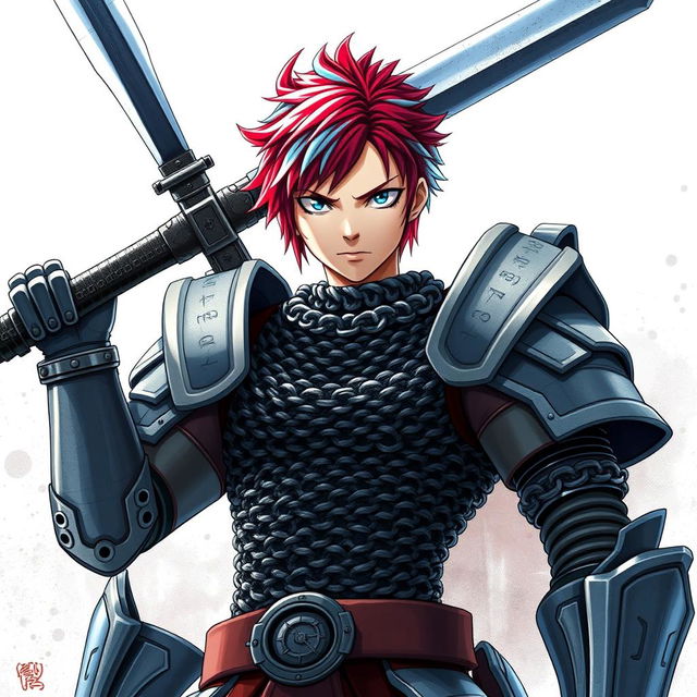 A striking androgynous human fighter stands fiercely with their colossal buster sword raised overhead