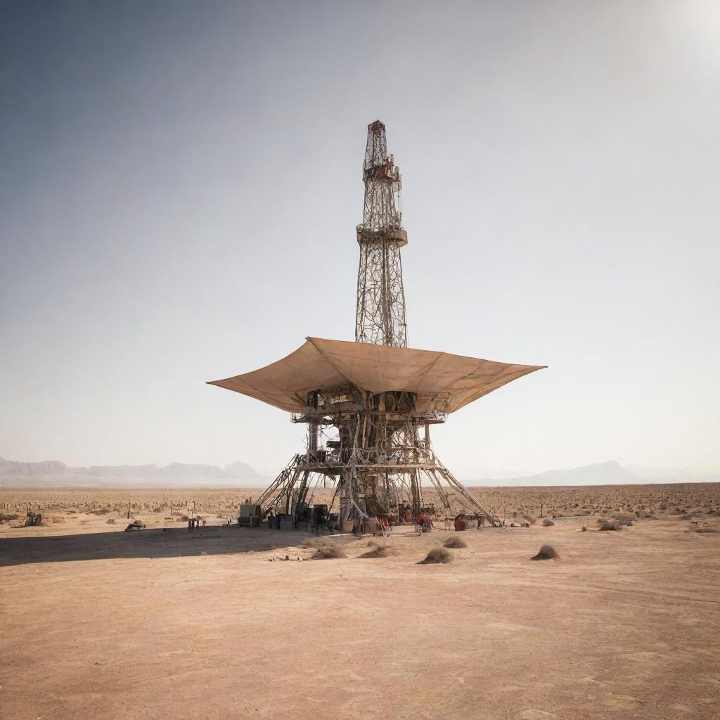 A riveting desertpunk oil rig, designed with sun-bleached bones, sunshade tarps, and wind-powered turbines, positioned in a vast, barren desert landscape under an unforgiving, relentless sun.