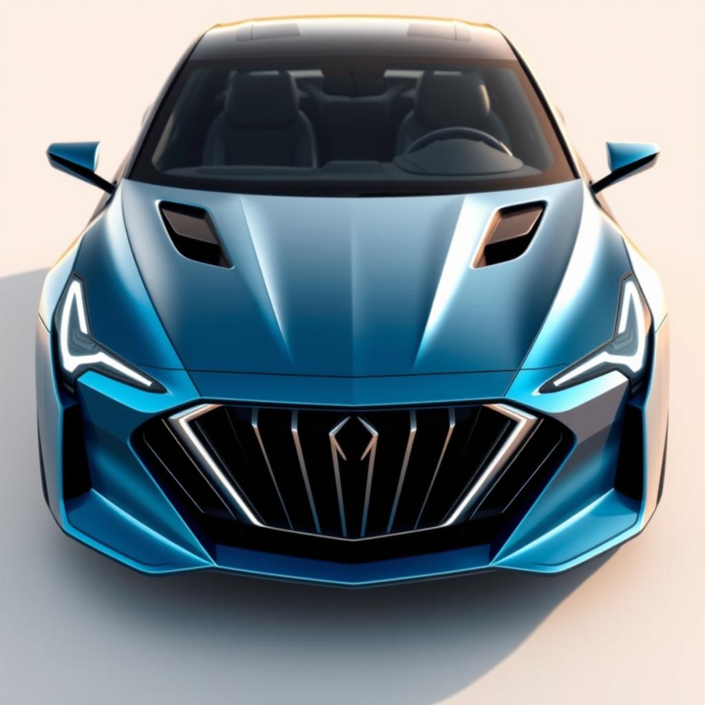 A unique car front design, featuring an aerodynamic shape, bold and sharp lines that exude modernity and innovation