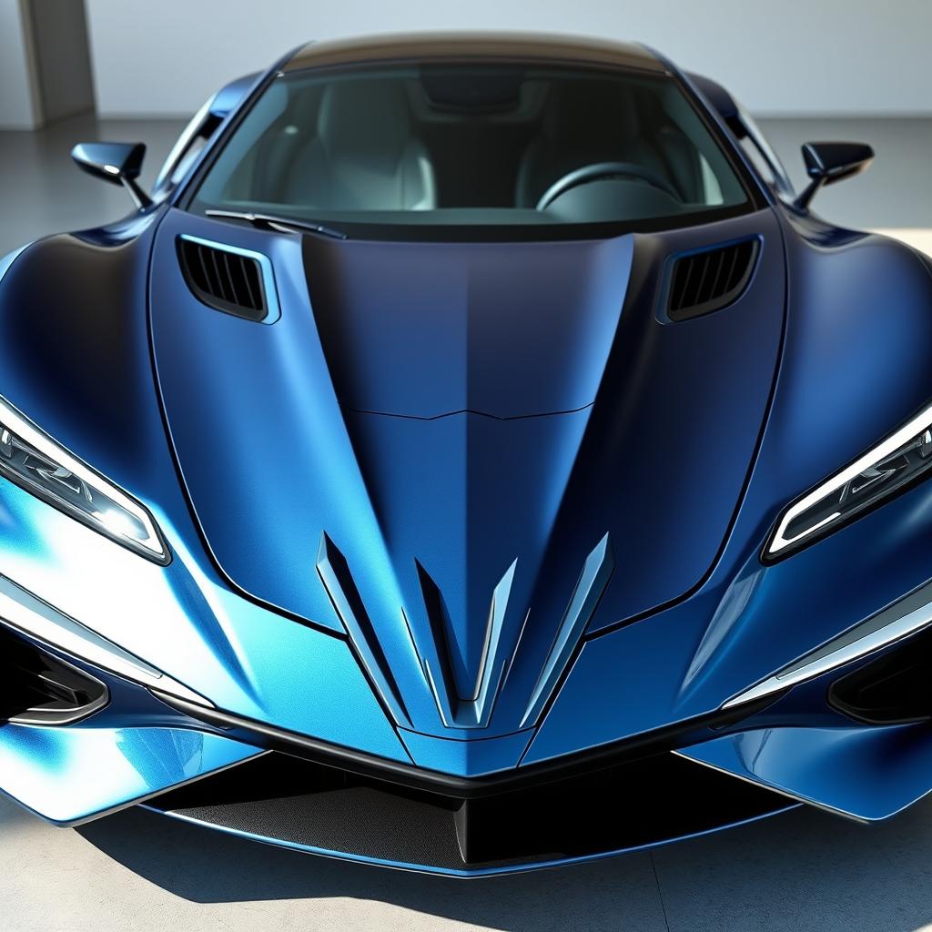 A unique car front design, featuring an aerodynamic shape, bold and sharp lines that exude modernity and innovation