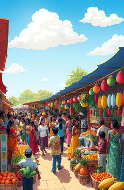 A vibrant and colorful illustration of a bustling marketplace filled with diverse people interacting, showcasing various stalls selling fruits, vegetables, and handmade crafts