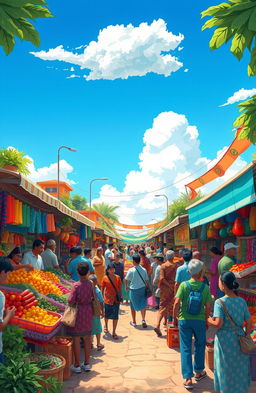 A vibrant and colorful illustration of a bustling marketplace filled with diverse people interacting, showcasing various stalls selling fruits, vegetables, and handmade crafts