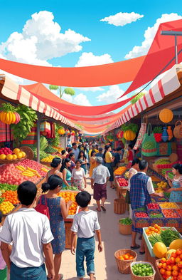 A vibrant and colorful illustration of a bustling marketplace filled with diverse people interacting, showcasing various stalls selling fruits, vegetables, and handmade crafts