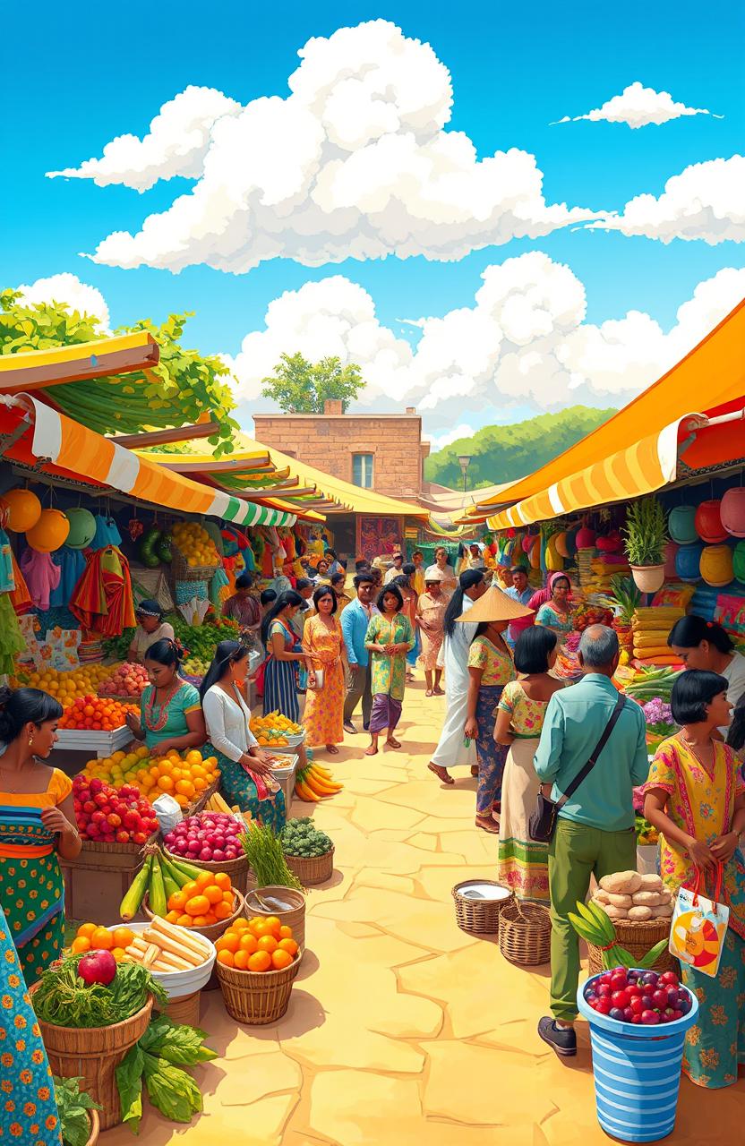 A vibrant and colorful illustration of a bustling marketplace filled with diverse people interacting, showcasing various stalls selling fruits, vegetables, and handmade crafts