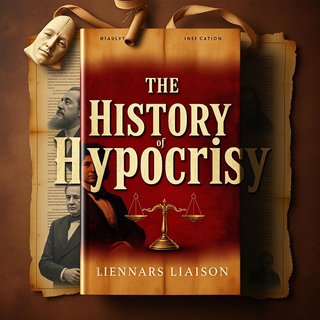 A compelling book cover design titled 'The History of Hypocrisy', visually representing the theme of hypocritical events throughout world history