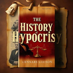 A compelling book cover design titled 'The History of Hypocrisy', visually representing the theme of hypocritical events throughout world history