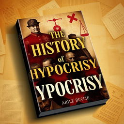 A compelling book cover design titled 'The History of Hypocrisy', visually representing the theme of hypocritical events throughout world history