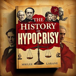 A compelling book cover design titled 'The History of Hypocrisy', visually representing the theme of hypocritical events throughout world history