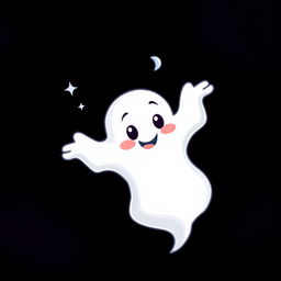 A playful cartoon ghost with a friendly smile, floating in a dark, shadowy background