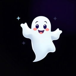 A playful cartoon ghost with a friendly smile, floating in a dark, shadowy background