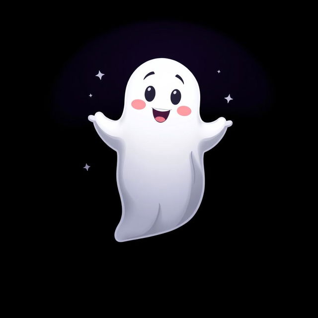 A playful cartoon ghost with a friendly smile, floating in a dark, shadowy background