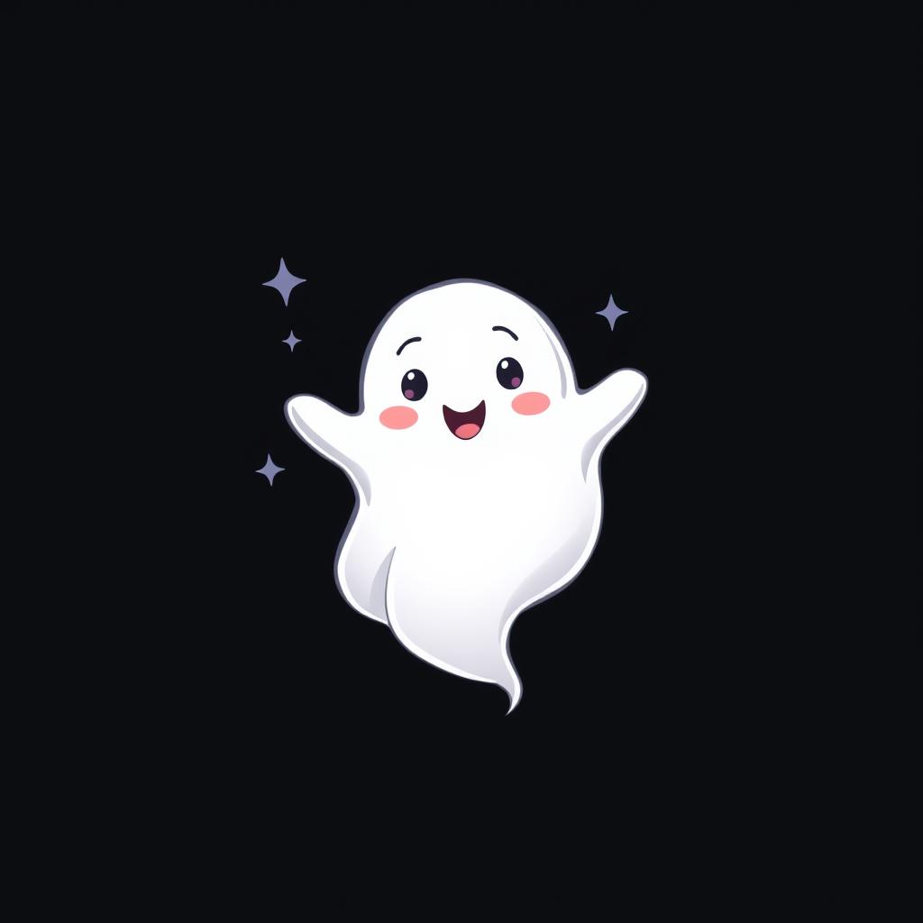 A playful cartoon ghost with a friendly smile, floating in a dark, shadowy background