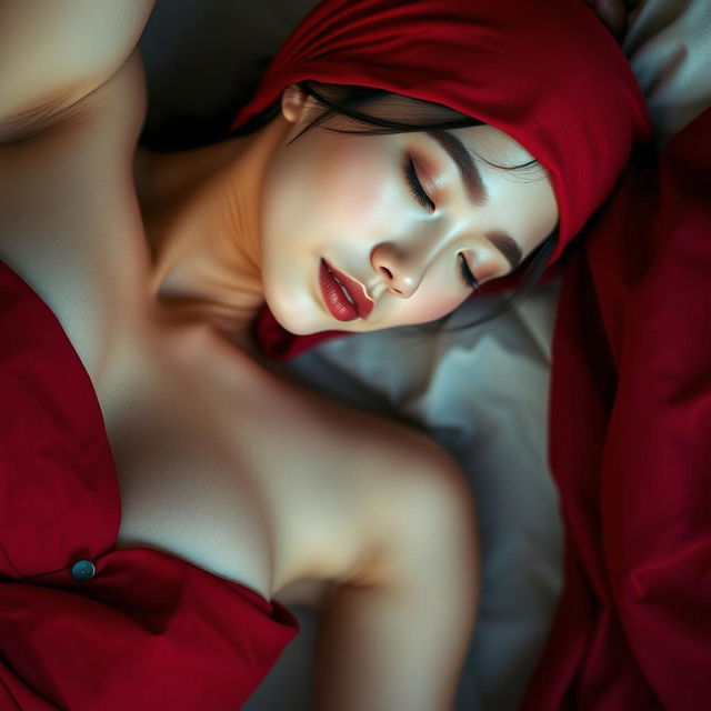 A stunning 23-year-old Japanese girl with youthful features, lying gracefully on a bed