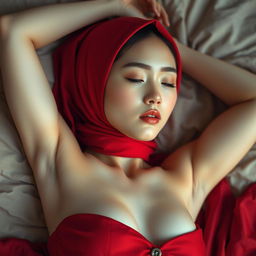 A stunning 23-year-old Japanese girl with youthful features, lying gracefully on a bed