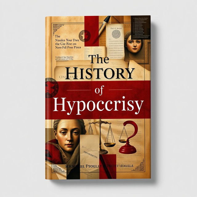 A captivating book cover design titled 'The History of Hypocrisy', combining modern aesthetics with historic charm