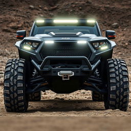 A rugged front design of an all-terrain vehicle showcasing its large, aggressive wheels