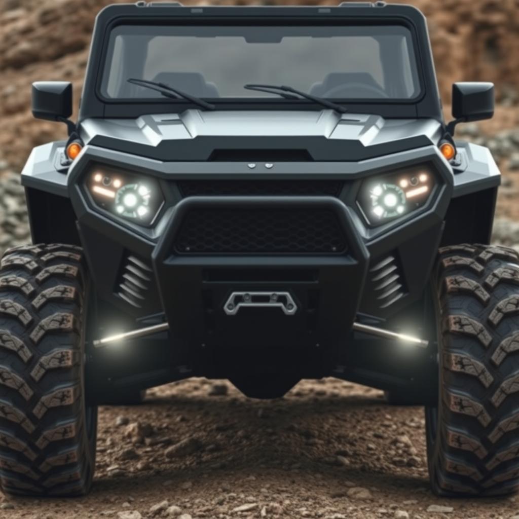 A rugged front design of an all-terrain vehicle showcasing its large, aggressive wheels