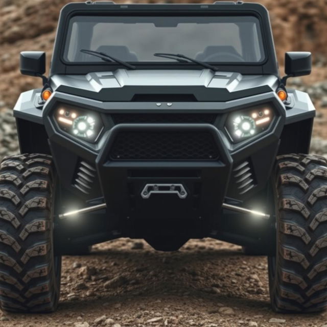 A rugged front design of an all-terrain vehicle showcasing its large, aggressive wheels