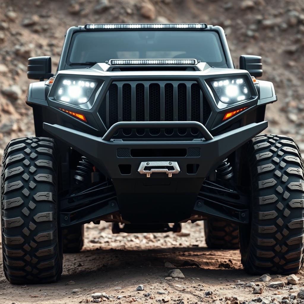 A rugged front design of an all-terrain vehicle showcasing its large, aggressive wheels